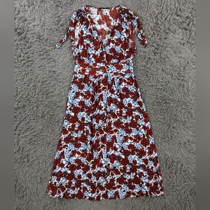 Zara Dress Women's XL Blue Red Floral Maxi Sleeveless With Ties